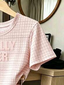 Resyla Setelan 2 Potong Wanita: Kaos Lengan Pendek Leher Bulat Motif Kotak-kotak dan Huruf serta Celana Pendek - MultiWarna - View 4