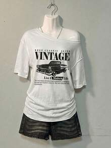 SHEIN EZwear 95%棉女款休閒露肩T恤，復古賽車圖案，Y2K風格，夏季服飾，外出穿搭，休閒街頭風，百搭學院風，適合日常通勤、約會、派對，秋冬春夏皆宜，聖誕節、新年、感恩節、婚禮適用 - 白色 - 查看 5