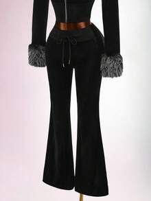 Amplova Women's Drawstring Waist Colorblock Casual Versatile Daily Flare Pants - Black - View 8