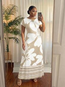 SHEIN Lady CURVE 大尺碼夏季優雅花卉印花洋裝 - 卡其色 - 查看 3