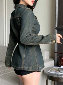 DAZY Women's Casual Sexy Lace-Up Denim Jacket, Spring/Autumn Y2K Going Out Night Out Dark Wash - Blue - View 3
