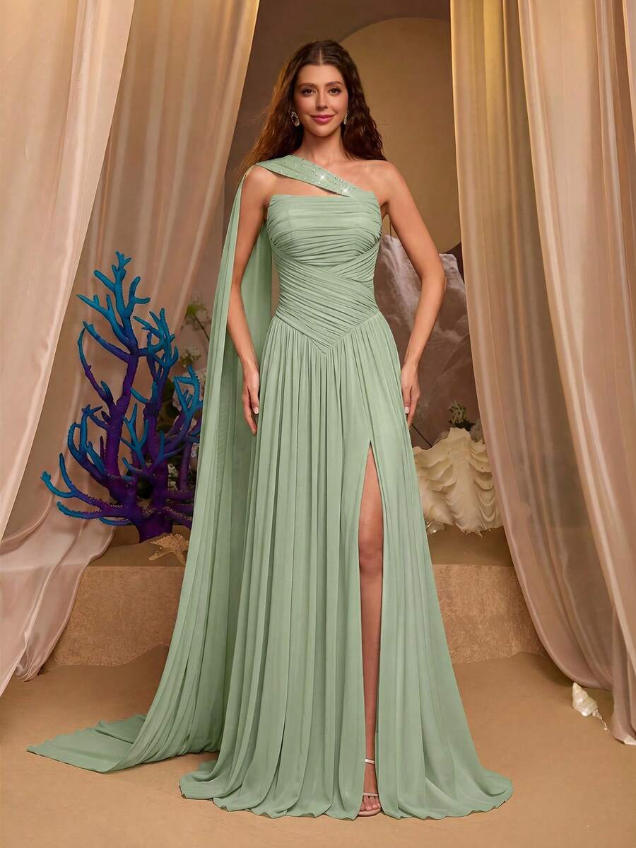 Glamrae Elegant And Luxurious Chiffon Pleated Craftsmanship, Hand-Decorated With Diamonds, Boat Neck With Flowing Sequins And Extra-Large Flared Skirt Trailing, Women's Formal Evening Gown - Mint Green - View 1