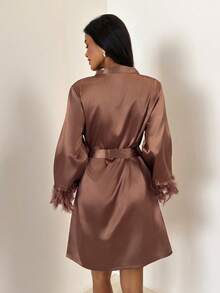 Firerie Bata de satén esponjosa para damas, ropa de estar en casa lujosa, otoño, invierno - Café integral - Ver 2
