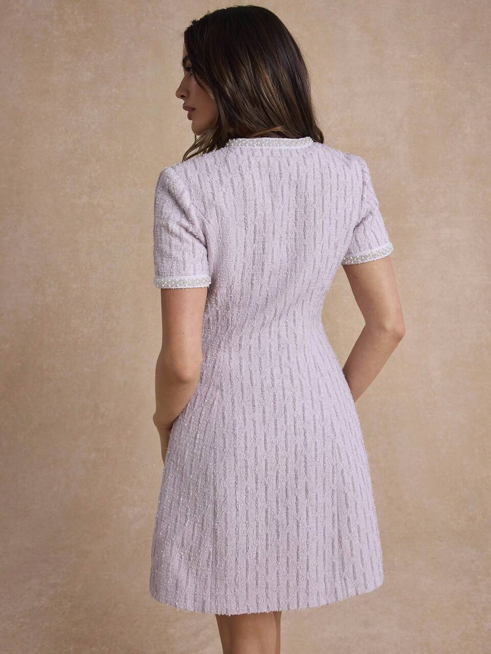 Enchnt Premium Summer Romantic French Women's Elegant Lavender Pearl-Embellished Tweed Mini Dress, Back To School, Work, Travel, Casual