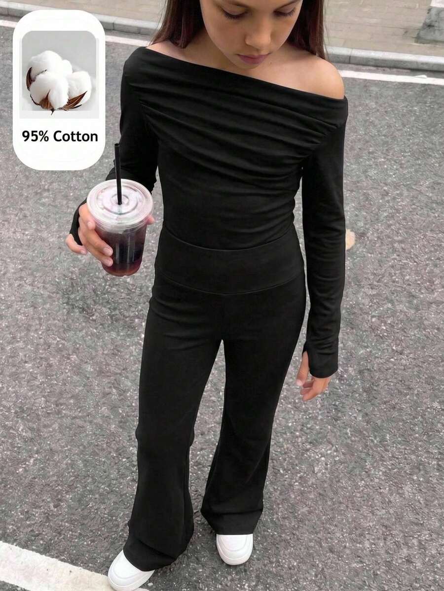 SHEIN 黑色不對稱單肩上衣與高腰抓皺喇叭褲兩件套,同色布料,復古通勤風,適合春/秋日常穿著,小眾設計優雅套裝,適合青少年女孩 - 黑色 - 查看 1