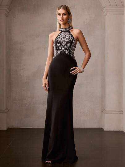 MOTF Soiréza WOMEN'S SPRING/SUMMER RHINESTONE BEADED DETAIL MERMAID HEM DRESS