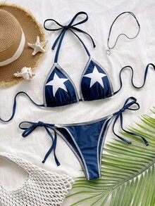 Soleia Women's Summer Beach Party Vacation Star Print Sexy Tropical Halter Bikini Set Navy Blue - Multicolor - View 5