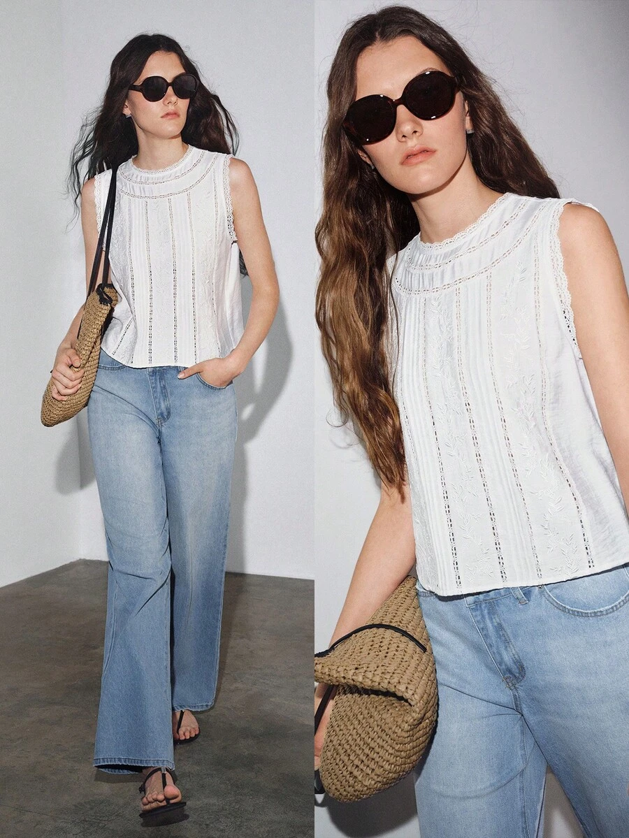 MOTF PREMIUM URBAN LACE TRIM PATCHWORK SLEEVELESS CROPPED LOOSE TANK TOP SPRING SUMMER - White - View 2
