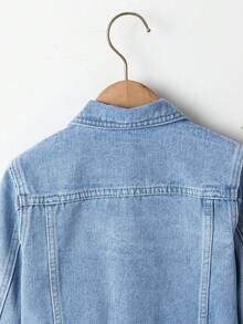 SHEIN Denimly 女孩時尚戶外百搭休閒學院風可愛花朵彩虹蝴蝶結字母愛心印花牛仔夾克外套，翻領水洗牛仔長袖 - 藍色 - 查看 7