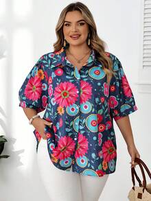 SHEIN CURVE+ 大尺碼女款翻領短袖印花襯衫 - 彩色 - 查看 3