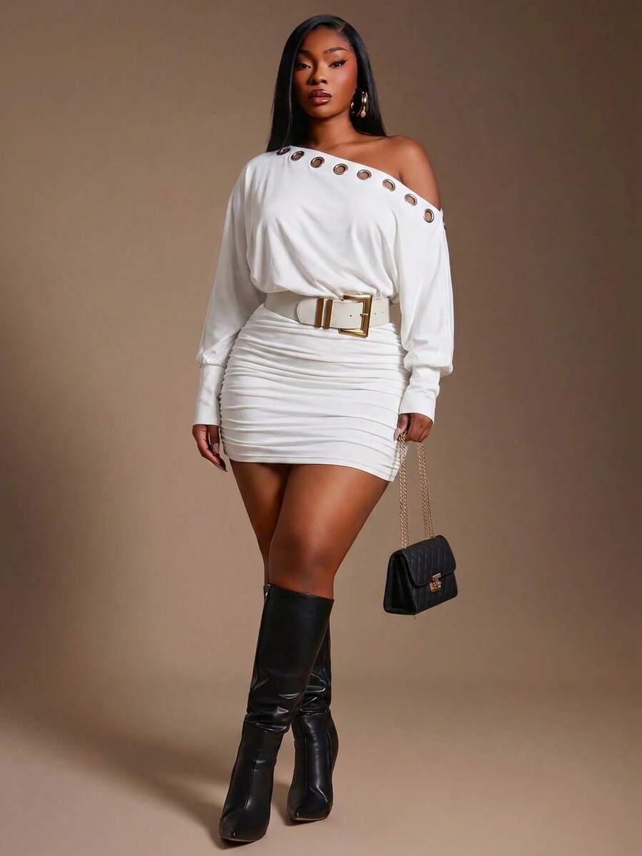 Radiana Plus Size Women's Eyelet Design Asymmetrical Shoulder Long Sleeve Ruched Fashion Dress Fall - White - View 1