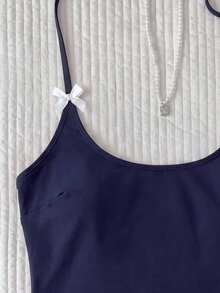 Elavelle Conjunto de bikini para mujer con estampado aleatorio, cuello halter y decoración de lazo, primavera/verano - Azul Marino - Ver 5