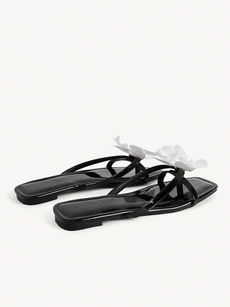 CUCCOO CHICEST Women's Shoes Spring And Summer New Square Toe Black Patent Leather White Phalaenopsis Decorative Temperament Elegant Wear Fashionable Flat Sandals