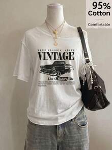 SHEIN EZwear 95%棉女款休閒露肩T恤，復古賽車圖案，Y2K風格，夏季服飾，外出穿搭，休閒街頭風，百搭學院風，適合日常通勤、約會、派對，秋冬春夏皆宜，聖誕節、新年、感恩節、婚禮適用 - 白色 - 查看 9