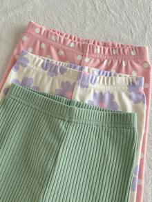 SHEIN Piyama Bayi Perempuan Pas Badan 3 Potong, Atasan Pullover Lengan Panjang Kerah Bulat Bergaris Motif Polkadot & Bunga, Celana Panjang Pinggang Elastis, Pas Badan - MultiWarna - View 4