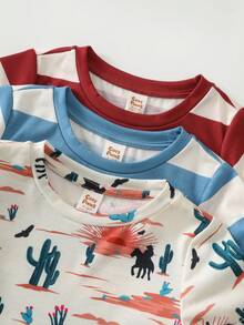 Cozy Pixies Baby Jungen 3-teiliges Set mit bunt gestreiftem Nomad-Stil, Kaktus-Sonnenaufgang-Wüstenmuster, weichem Strick-Pullover mit Rundhalsausschnitt und Kurzarm sowie Shorts mit elastischem Bund, lässig für den Urlaub - Verschiedenfarbig - Übersicht 5