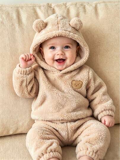 SHEIN Set Sweatshirt Fleece Bayi (Laki-laki) dengan Desain Patch Beruang Lucu, Cocok untuk Pemakaian Sehari-hari di Musim Gugur