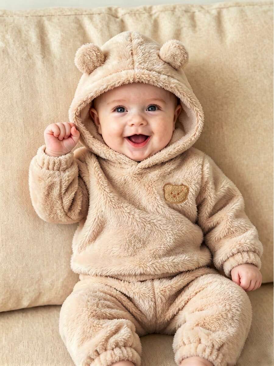 SHEIN طقم سويتشيرت من الصوف الناعم للرضع (أولاد) مع تصميم رقعة دب لطيف، مناسب للارتداء اليومي في فصل الخريف