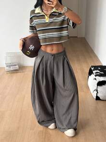 Coolane 女款夏季復古休閒嬉皮街頭風寬版軍綠色長褲 - 棕色 - 查看 4