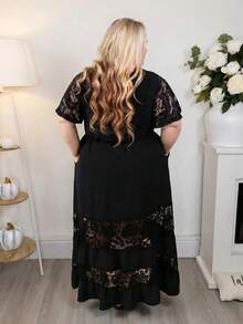 Hourglow Plus Size Elegant Lace Patchwork V-Neck Bohemian Style Dress Black, For Hourglass Body Shape - Black - View 2