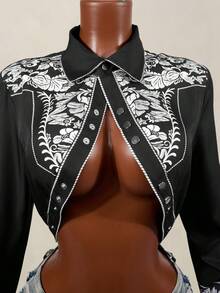 Mistrie Nueva camisa corta de cuello redondo con estampado de moda vintage negro para mujer, otoño, con estampado jacquard para mujer - Negro - Ver 6