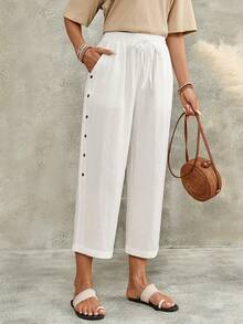 EMERY ROSE Women's Solid Color Waist Tie Pocket Button Design Casual Boho Cropped Pants Going Out Holiday Vacation Outfits White Summer - White - View 7