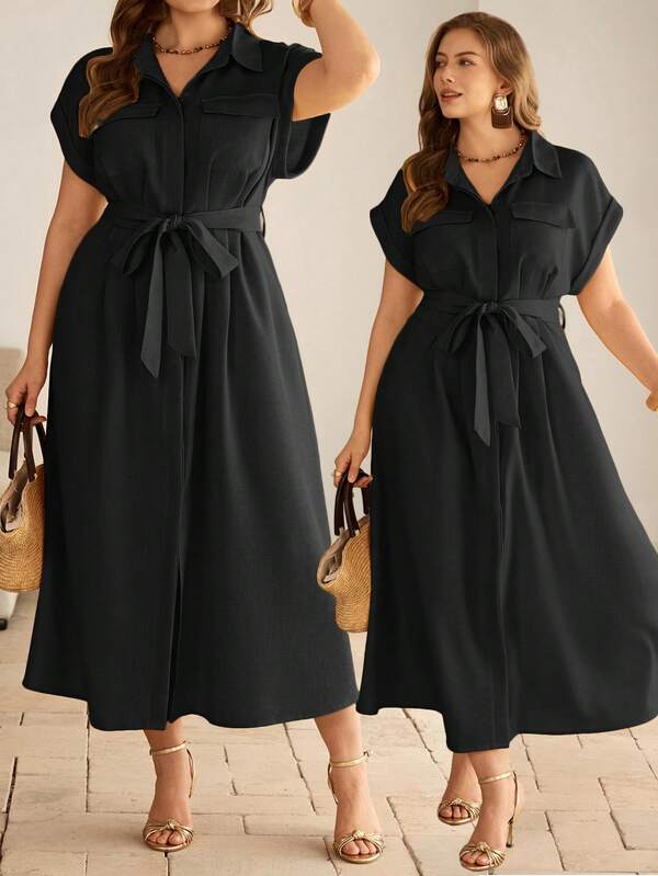 Roveilla Plus Size Women's Solid Color Shirt Collar Waist-Cinching Tie Belt Bow Pleated Draped Cargo Pocket Shoulder Sleeve Cuffed Open Front Button-Down Short Sleeve Shirt Dress Yellow Mid-Length Dress Elegant French Vintage Formal Office Commute Casual Vacation Afternoon Tea Street Style Minimalist Versatile Old Money Australian Home Leisure Party Date Spring Summer New