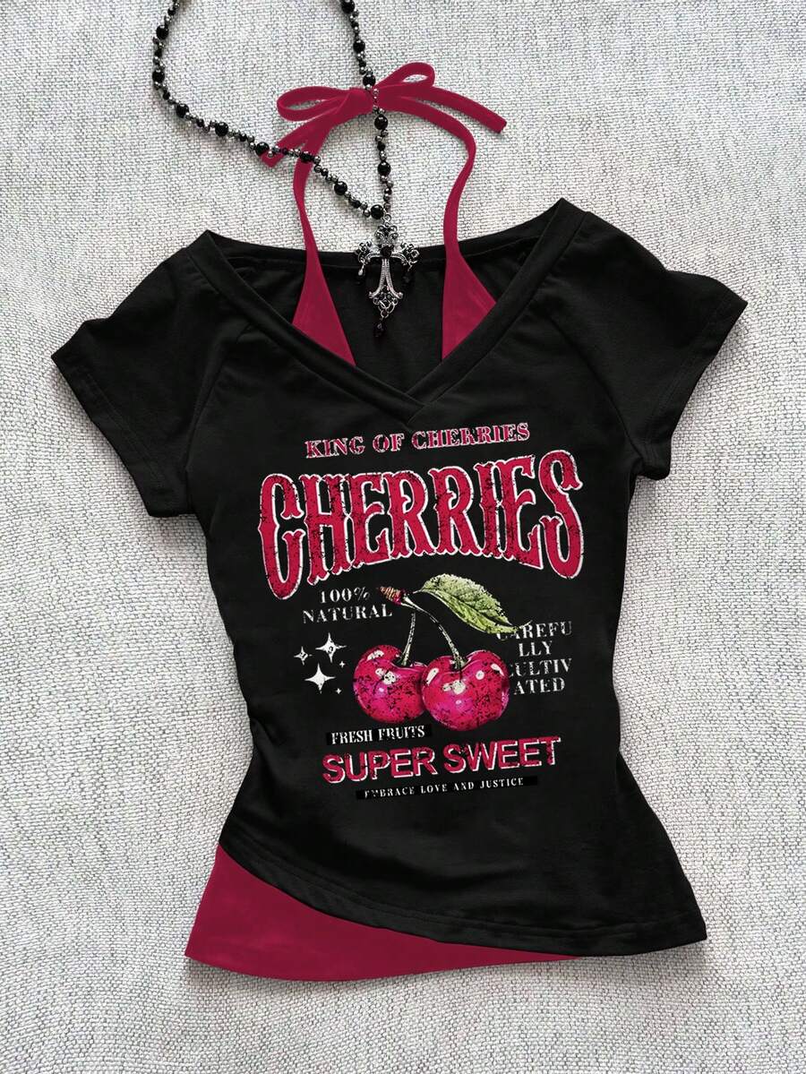 Attitoon 女款休閒街頭風 Y2K 復古搖滾風 V 領掛脖綁帶撞色短袖 T 恤 夏季外出日常穿搭 黑粉酒紅 - 黑色 - 查看 1