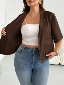 SHEIN Essnce 大尺碼夏季休閒百搭通勤西裝外套 - 棕色 - 查看 5