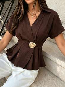 Avenya Metal Decor Elegant Blouse, Ruffle Design Slim Fit For Women - Brown - View 4