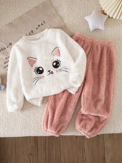 SHEIN Young Girl Knit Cute Cat Pattern Top & Long Pants Faux Fur Loungewear 2pcs Set