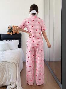 SHEIN 格紋愛心印花翻領短袖長褲女款睡衣套裝 - 彩色 - 查看 2