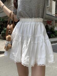 DAZY Women's Solid Color Contrast Lace Ruffle Hem Skirt - White - View 2