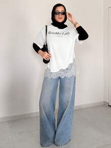Solavon New Design Letter Print Loose Lace Trim Patchwork Short Sleeve T-Shirt - White - View 2