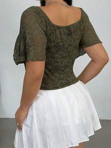 Sunnyshic Plus Size Square Neck Patchwork Shell Trim Cinched Waist Ruffle Hem Ruffle Sleeve Blouse - Army Green - View 2