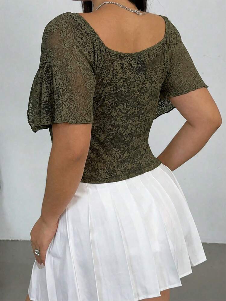 Sunnyshic Blusa de talla grande con cuello cuadrado, patchwork, ribete de concha, cintura ceñida, bajo con volantes y mangas con volantes - Verde militar - Añade 2