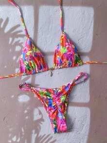 Vaclyn Women's Spring/Summer Random Print Halter Neck Metal Decor Bikini Set - Multicolor - View 3