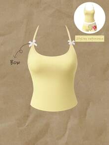 Elavelle Conjunto de bikini para mujer con estampado aleatorio, cuello halter y decoración de lazo, primavera/verano - Amarillo - Ver 4