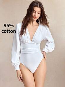 BizChic Long Sleeve Bodysuit Elegant Sexy French Vintage Business Commute Date Vacation Halloween Back To School Party Birthday Office Slimming Elegant Versatile Summer Autumn Casual Daily Wedding Guest Special Occasion Outing Beach Gathering Social Holiday Shopping Afternoon Tea Travel Formal Vacation Style Slouchy Luxury Minimalist - White - View 5