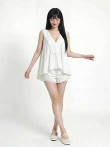 Sweetina Setelan 2 Potong Atasan Tank Top dan Celana Pendek Polos Kasual Musim Panas untuk Wanita - Putih - View 6