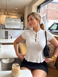 SHEIN PariChic 2026 New Chinese Style Stand Collar T-Shirt, White Ribbed Slim Fit Short Sleeve Top, National Style Frog Button Lace Trim Slimming Base Layer, Gentle Style Commute Date Versatile Top - White - View 1