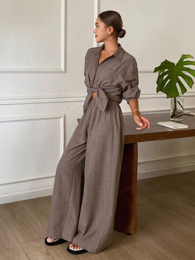 DAZY Autumn/Summer Long Sleeve Shirt Straight Leg Wide Leg Pants Set Loose Street Commute Business Casual Office Brunch Elegant Women 2 Pieces Outfit Taupe - Brown - View 7