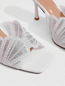 CUCCOO SZL Elegant Women's White Square Toe Heeled Sandals With Pearl And Rhinestone Scalloped Strap - White - View 5