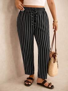 Elaquor Plus Size Casual Striped Colorblock Drawstring Waist Pocket Long Pants Fall - Black - View 4