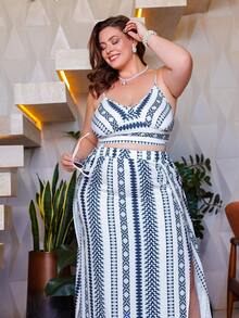 Wellenrocha 2pcs Plus Size Spaghetti Strap Top And Skirt Set, Fashionable For Summer, Vacation Outfits Women, 2 Pieces Summer Outfit, For Pear And Triangle Body Shape - Blue - View 1