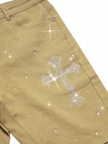 Manfinity EMRG Shorts de mezclilla casuales elásticos con diseño de strass cruzado estilo calle para hombres - Caqui - Ver 4