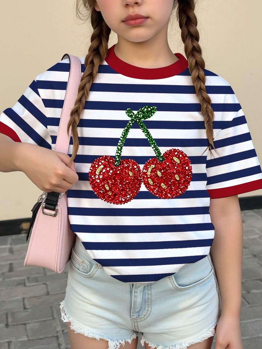 青少年女孩休閒可愛簡約經典藍白條紋對比條紋紋理櫻桃圖案圓領短袖T恤校園風 - 彩色 - 查看 1