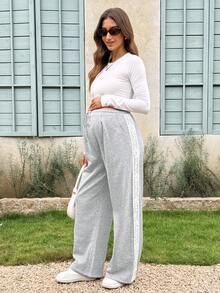 Lyckli Maternity Side Contrast Lace Drawstring Waist Pocket Wide Leg Casual Long Pants Winter - Grey - View 11