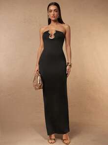 Silquee Women's Elegant Sexy Metal Decor Fitted Strapless Dress For Evening Formal Occasions - Black - View 7