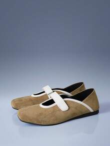 CUCCOO GRLICON French Retro Khaki Mary Jane Shoes, Niche Contrasting Color Ballet Flats - Khaki - View 1